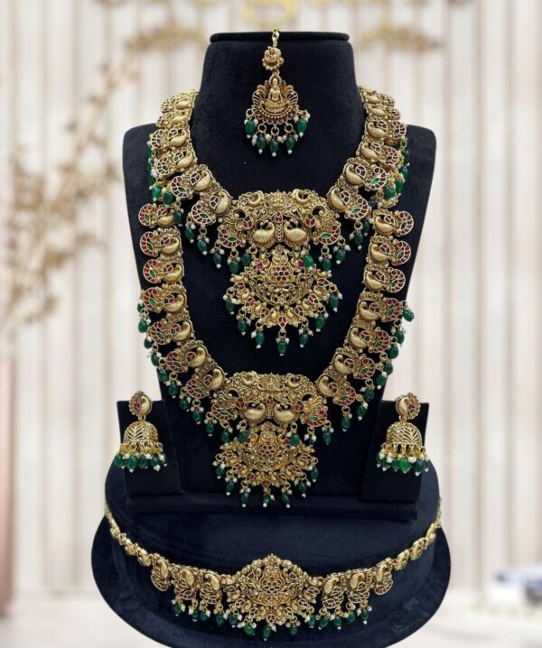 Discover exquisite South Indian temple antique bridal jewellery featuring handcrafted necklace, majestic haram, elegant earrings, traditional tikka, and ornate hip chain.