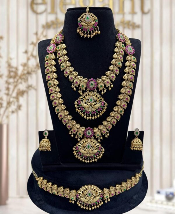 Discover exquisite South Indian temple antique bridal jewellery featuring handcrafted necklace, majestic haram, elegant earrings, traditional tikka, and ornate hip chain.